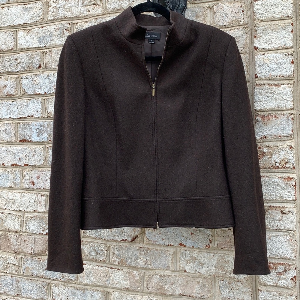 Tahari Brown Fitted Zipper Blazer fits like 8